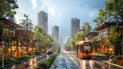 Modern Urban Street with Electric Trams and Greenery in Sustainable City