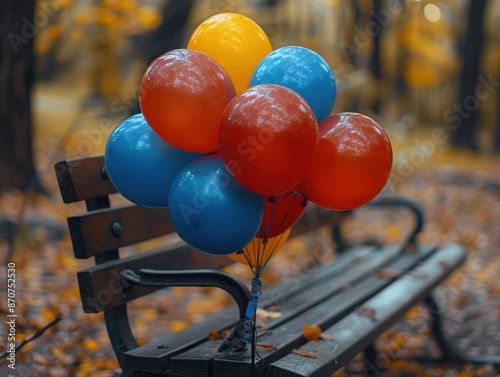 A colorful bunch of balloons tied to a park bench, Ultra HD clarity. photo