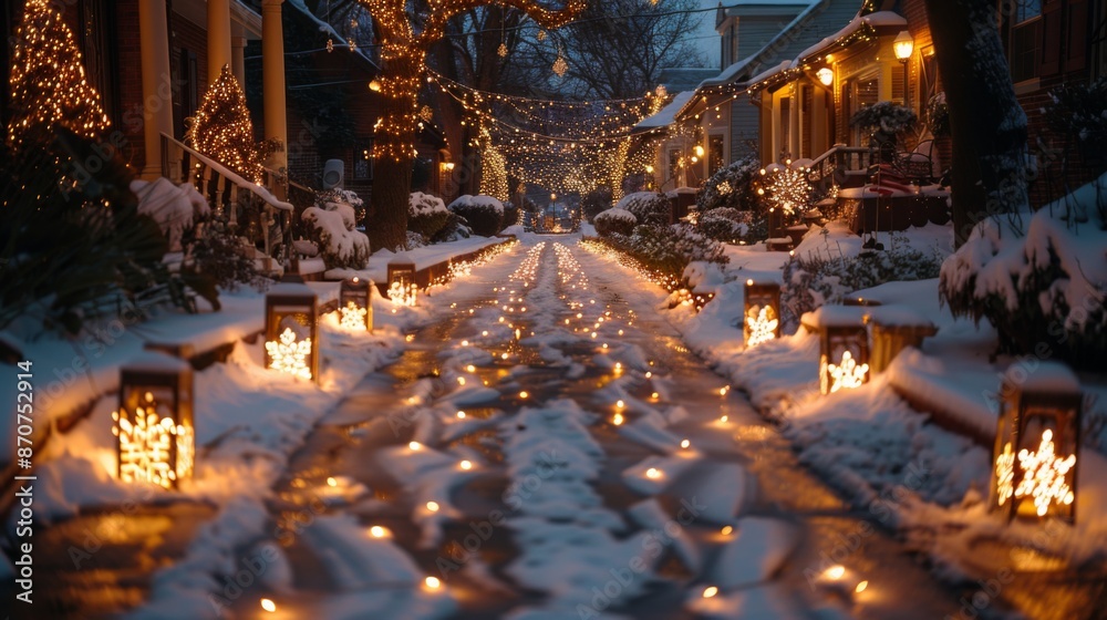 Create a magical pathway to your front door with luminous luminaries, guiding guests through a wonderland of sparkling snowflakes and