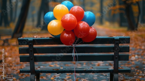 A colorful bunch of balloons tied to a park bench, Ultra HD clarity. photo