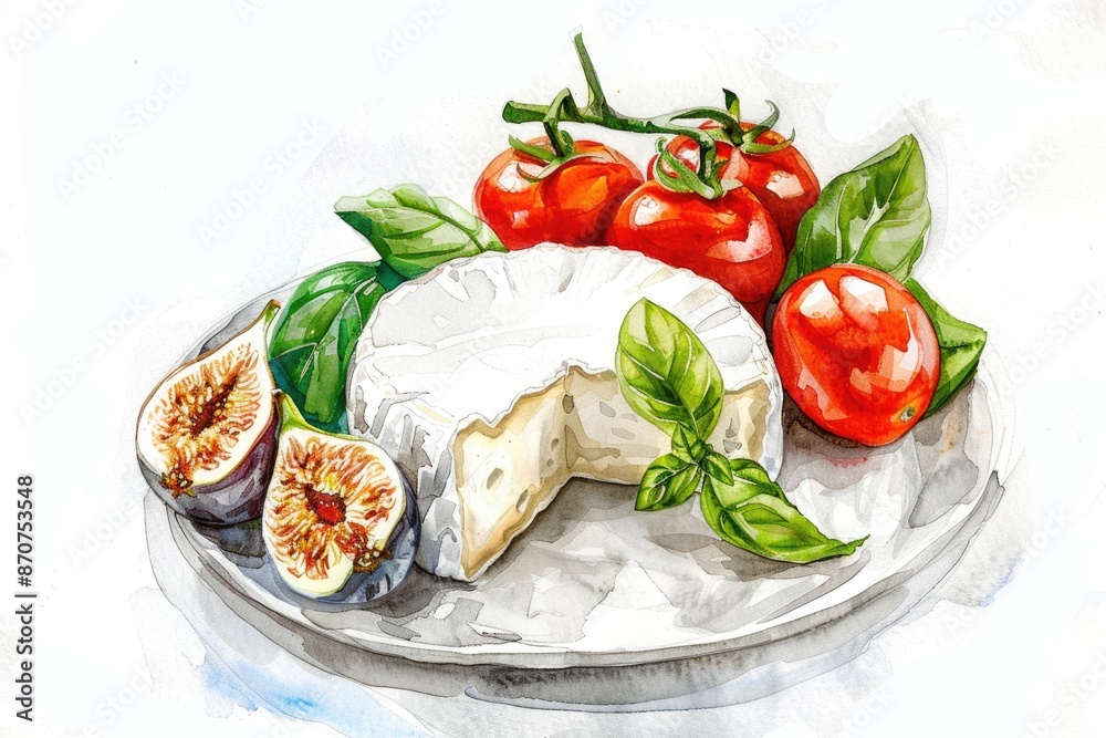French Camembert Cheese Plate with Fresh Tomatoes and Basil, Watercolor Food Illustration on White Background French Camembert Cheese Plate with Fresh Tomatoes and Basil, Watercolor Food Illustration on White Background