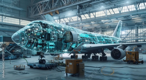 A digital rendering of an airplane being repaired 
