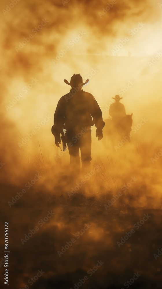 Fototapeta premium Silhouette of cowboy riding horse through dusty desert landscape during a dramatic golden sunset