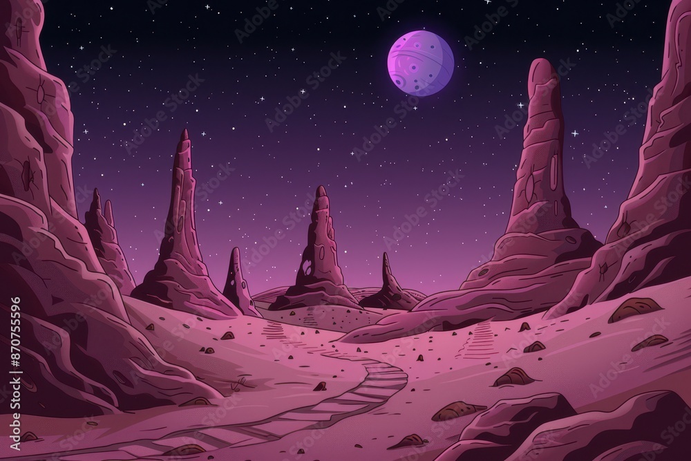 Futuristic alien landscape with rocky formations, a purple moon, starry sky, and winding path. Ideal for sci-fi or fantasy art. Futuristic alien landscape with rocky formations, a purple moon, starry sky, and winding path. Ideal for sci-fi or fantasy art.