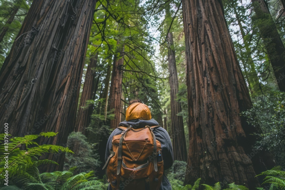 A person standing on a trail, looking up at the towering trees, with a backpack and hiking gear, emphasizing the sense of adventure and awe in a lush forest setting