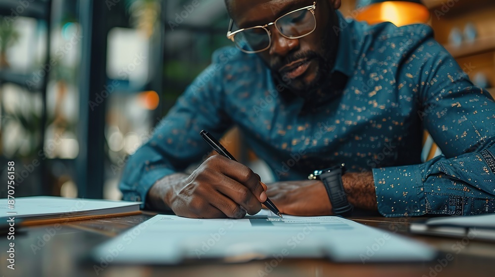 Man Signing a Document in a Cafe Man Signing a Document in a Cafe