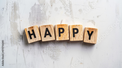 Motivational Positive Messages and Happiness: Wooden Tiles Spelling 'HAPPY' on Minimalist White Background