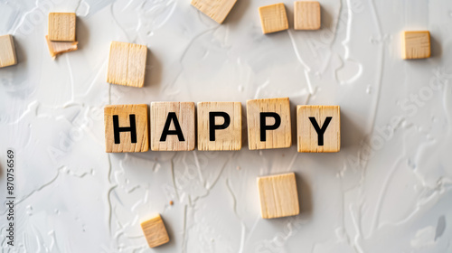 Motivational Positive Messages and Happiness: Wooden Tiles Spelling 'HAPPY' on Minimalist White Background