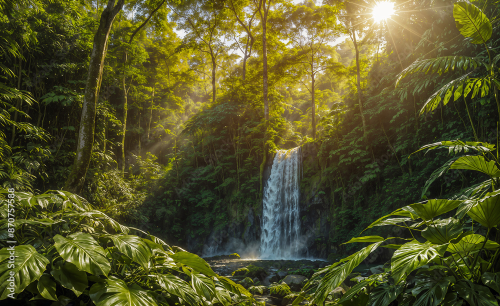 Tropical landscape - view of a river with a waterfall in a tropical rainforest, jungle. Created using generative AI tools Tropical landscape - view of a river with a waterfall in a tropical rainforest, jungle. Created using generative AI tools