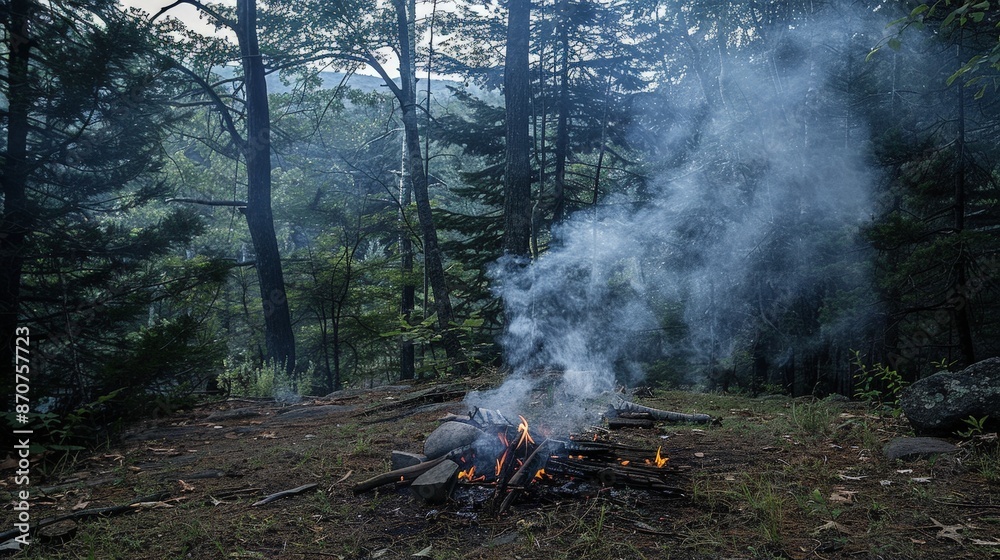 The campfire smoke wafts through the forest, blending with the scent of pine and earth. The campfire smoke wafts through the forest, blending with the scent of pine and earth.