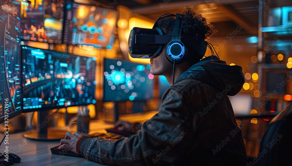 A futuristic workspace with multiple monitors, a sleek laptop, and a person using a VR headset, immersed in a digital environment A futuristic workspace with multiple monitors, a sleek laptop, and a person using a VR headset, immersed in a digital environment
