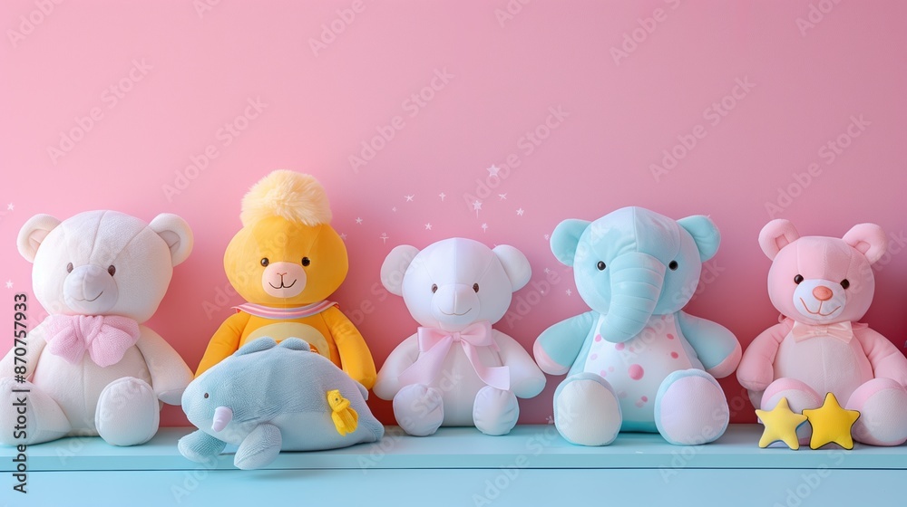 Cute stuffed animals arranged on a blue shelf against a pink wall. Cute stuffed animals arranged on a blue shelf against a pink wall.