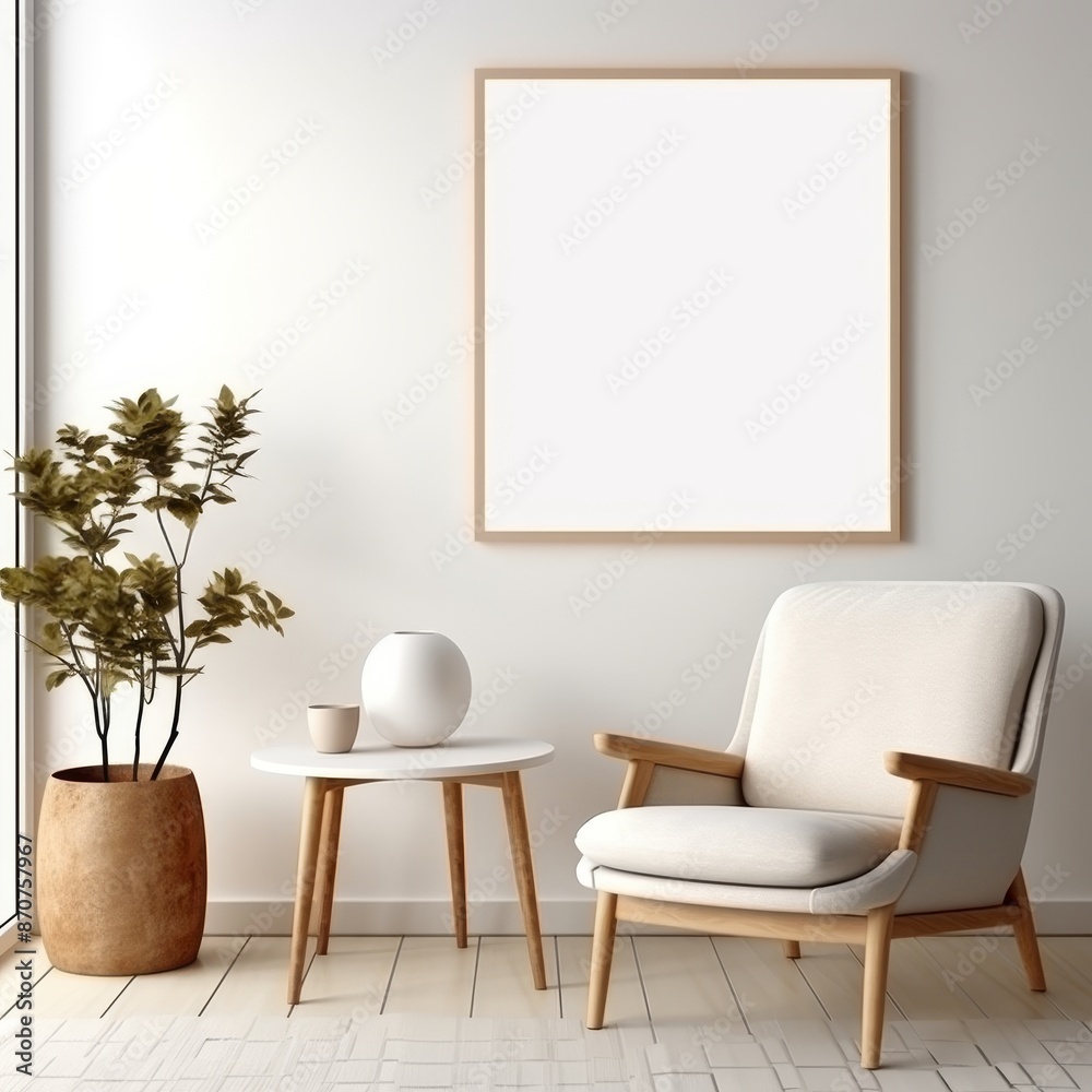 Modern interior design iso a paper size frame mockup on living room wall with house background Modern interior design iso a paper size frame mockup on living room wall with house background