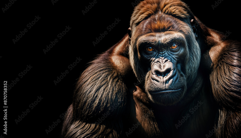 Close-up view of a male gorilla. Low-key lighting view of a wild animal, isolated on a black background, banner. Created using generative AI tools Close-up view of a male gorilla. Low-key lighting view of a wild animal, isolated on a black background, banner. Created using generative AI tools
