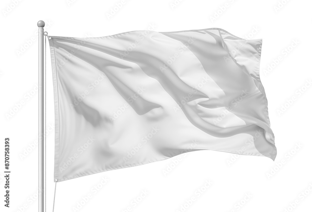White flag waving in the wind on flagpole, isolated on white background. Created using generative AI tools White flag waving in the wind on flagpole, isolated on white background. Created using generative AI tools