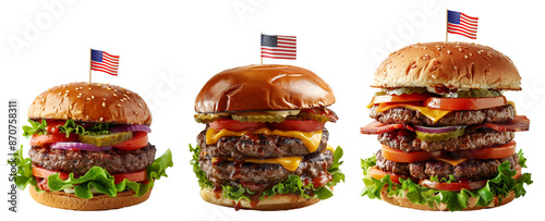 Collection of beef burgers with isolated against transparent background. 