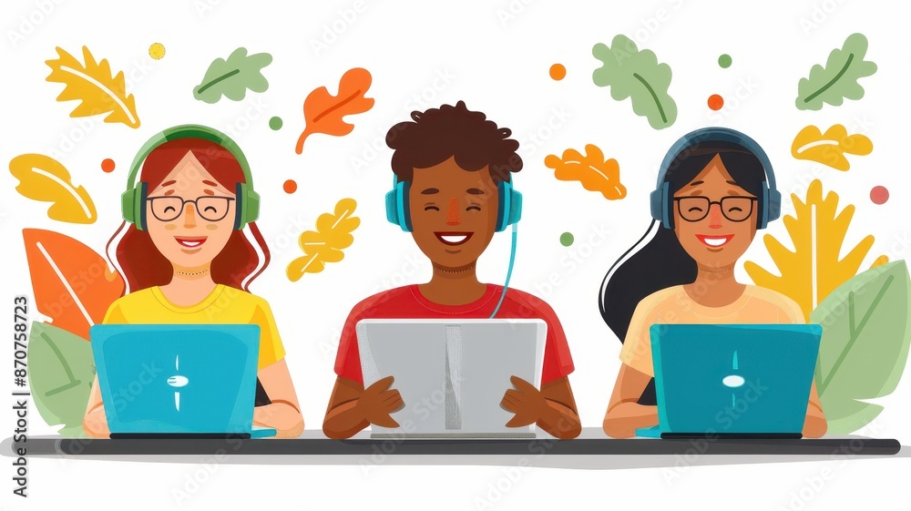 Diverse group of cheerful students learning online with laptops and tablets in a fun, colorful setting, surrounded by foliage. Diverse group of cheerful students learning online with laptops and tablets in a fun, colorful setting, surrounded by foliage.