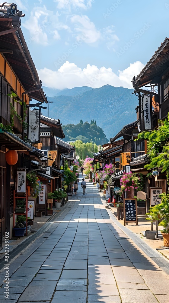 A traditional Japanese street with wooden houses and a mountain in the background A traditional Japanese street with wooden houses and a mountain in the background