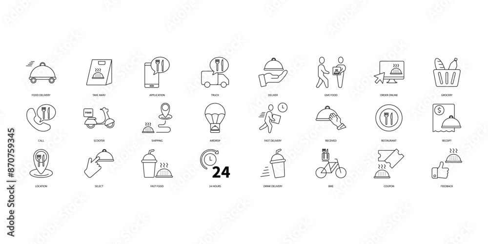 Food delivery icons set. Set of editable stroke icons.Set of Food delivery Food delivery icons set. Set of editable stroke icons.Set of Food delivery