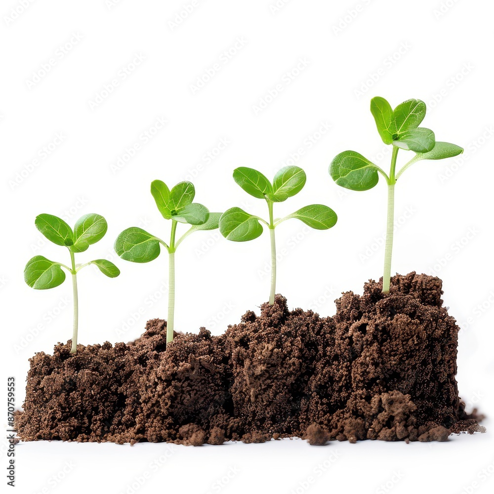 Four green seedlings sprouting from rich soil, representing new growth and nature's cycle in a nurturing environment. Four green seedlings sprouting from rich soil, representing new growth and nature's cycle in a nurturing environment.