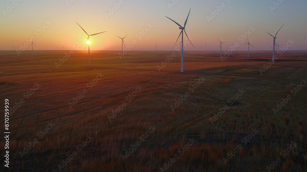 Obraz premium Renewable energy, wind turbines, large field, sunset, showcasing clean and sustainable power