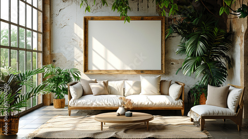 Stylish Interior with Cozy Sofa, Green Plants, and Large Empty Frame