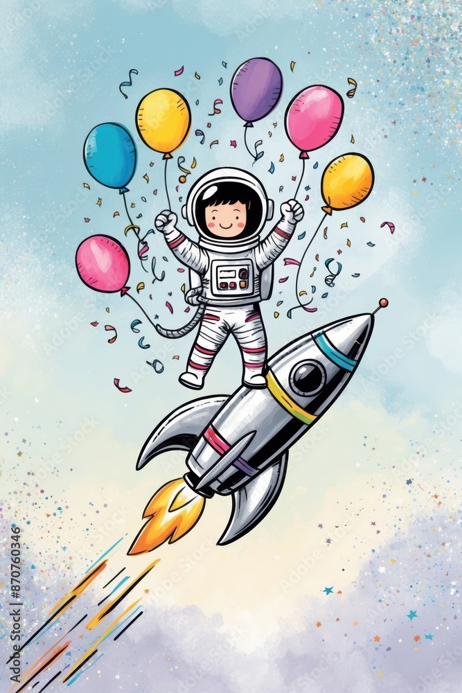 Obraz premium Astronaut Celebrating on Rocket