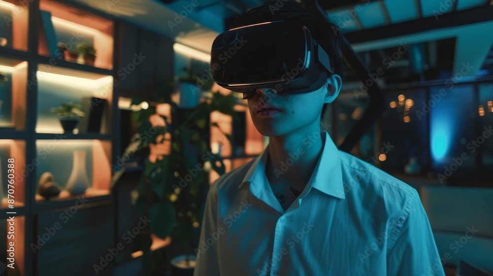 Young Man Experiencing Virtual Reality in a Modern Setting - A young man is engrossed in a virtual reality experience, wearing a VR headset in a dimly lit room with a bookshelf and plants. - A young m Young Man Experiencing Virtual Reality in a Modern Setting - A young man is engrossed in a virtual reality experience, wearing a VR headset in a dimly lit room with a bookshelf and plants. - A young m