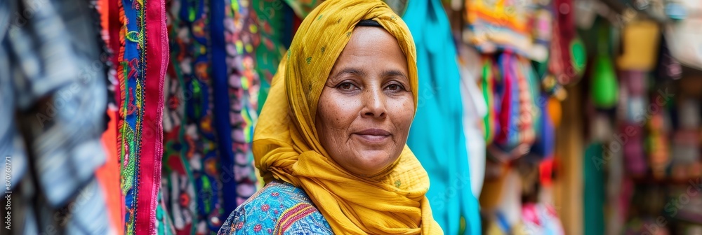 Portrait of a Woman in a Yellow Headscarf - A woman with a warm smile, wearing a yellow headscarf, stands in front of a colorful fabric market, her eyes looking directly at the camera. - A woman with Portrait of a Woman in a Yellow Headscarf - A woman with a warm smile, wearing a yellow headscarf, stands in front of a colorful fabric market, her eyes looking directly at the camera. - A woman with