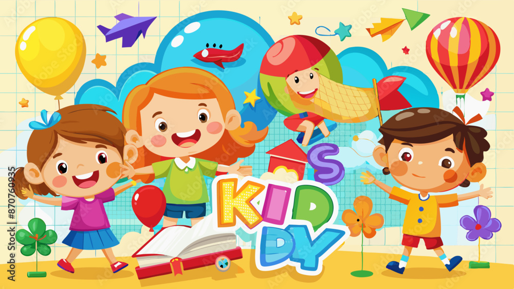 Kid's Day with Flying Colorful Paper Balloons and Airplanes on School Notebook Background. Kid's Day with Flying Colorful Paper Balloons and Airplanes on School Notebook Background.