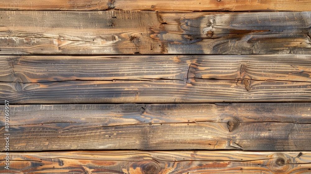 Weathered Wooden Planks - A close-up of four weathered wooden planks with knots and grain patterns. - A close-up of four weathered wooden planks with knots and grain patterns.