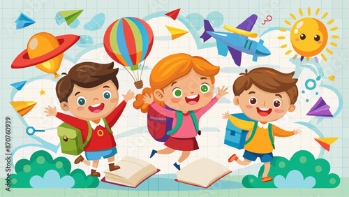 Kid's Day with Flying Colorful Paper Balloons and Airplanes on School Notebook Background.