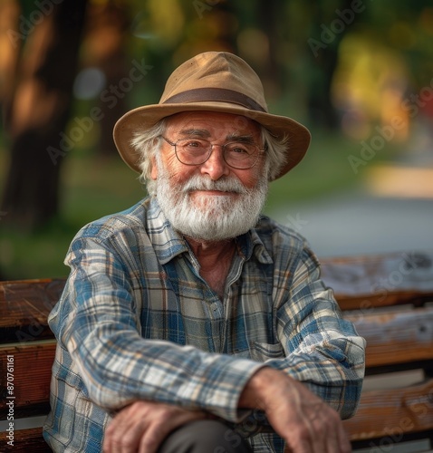 man outdoor senior happy retirement elderly portrait male active park smiling old fun nature happiness mature lifestyle beautiful bench, Generative AI © Picture Perfect