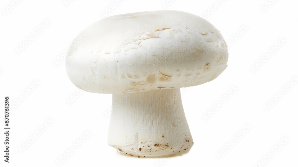 A fresh, whole white mushroom with a clean, smooth cap and sturdy stem isolated on a white background. A fresh, whole white mushroom with a clean, smooth cap and sturdy stem isolated on a white background.