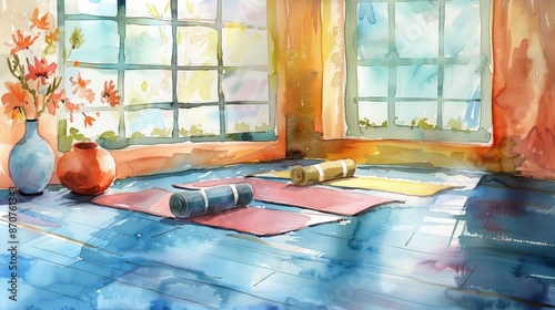 Watercolor Painting of a Yoga Studio - A watercolor painting depicts a yoga studio with two rolled-up yoga mats on the floor, a pot of flowers, and windows. - A watercolor painting depicts a yoga stud photo