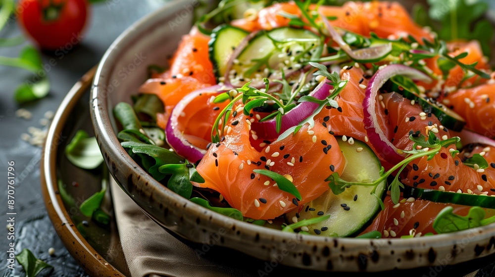 Lox bagel salad with cucumber onion sesame seeds, party food Lox bagel salad with cucumber onion sesame seeds, party food