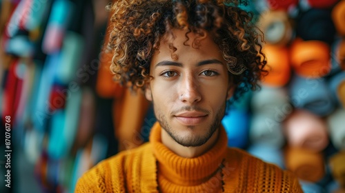 Portrait young man with curly hair wearing yellow turtleneck sweater with colorful background yarn, fashion happy