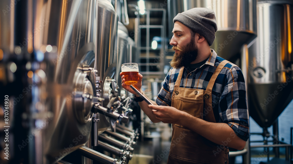 A brewmaster inspecting the clarity and color of a craft beer in a brewery. A brewmaster inspecting the clarity and color of a craft beer in a brewery.