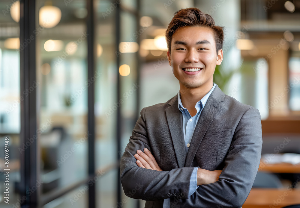 Confident Asian Professional in Office. A young Asian man with short black hair and light skin, wearing a grey blazer and light blue shirt, stands confidently with arms crossed in a modern office.
Confident Asian Professional in Office. A young Asian man with short black hair and light skin, wearing a grey blazer and light blue shirt, stands confidently with arms crossed in a modern office.