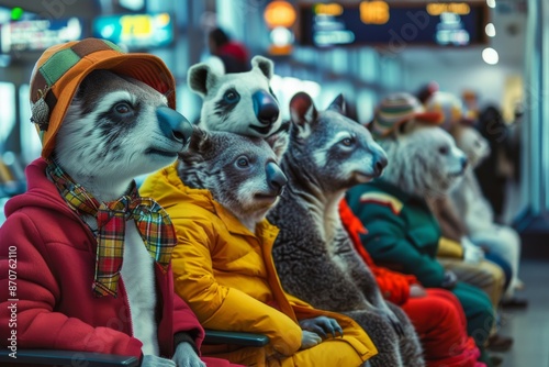 A vibrant scene of animals waiting in line at the airport, dressed in their finest attire, beaming with excitement. Each one showcases their unique personality through their colorful outfits.