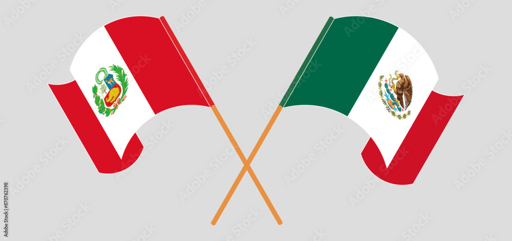 Crossed and waving flags of Peru and Mexico Crossed and waving flags of Peru and Mexico