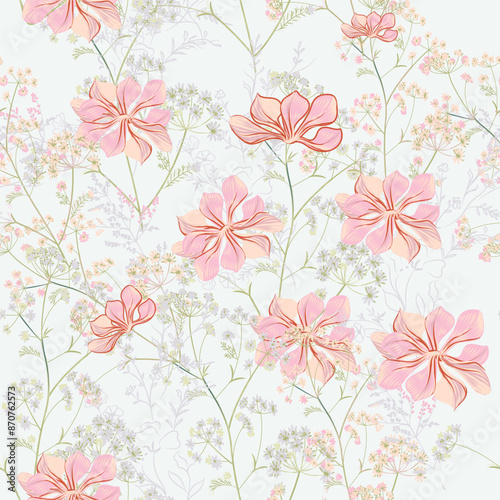 Beautiful vector floral vintage pattern with soft pink flowers