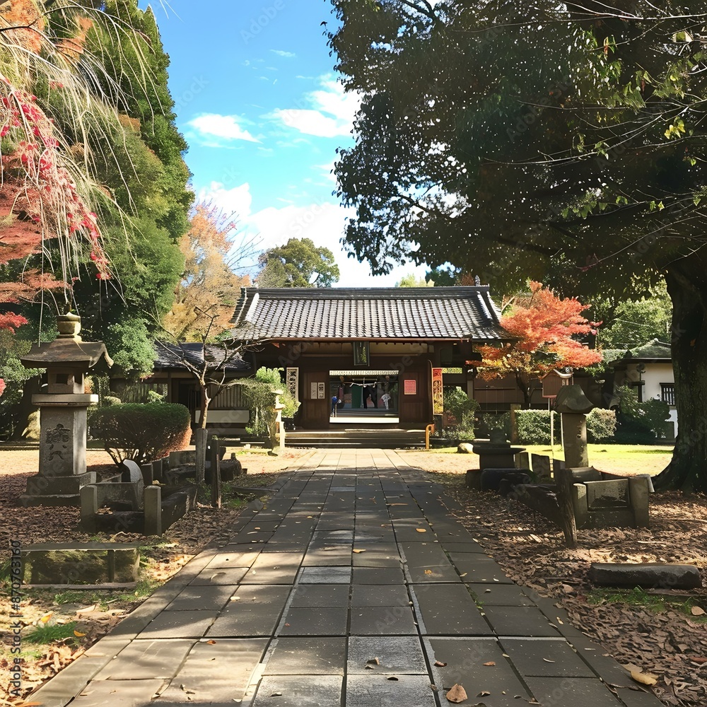 A photo of a small Japanese temple with stone lanterns in the front A photo of a small Japanese temple with stone lanterns in the front