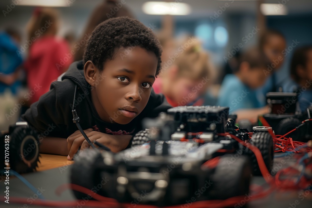 Young Black Boy in Engineering Class,Curious Boy Surrounded by Robot Parts Young Black Boy in Engineering Class,Curious Boy Surrounded by Robot Parts
