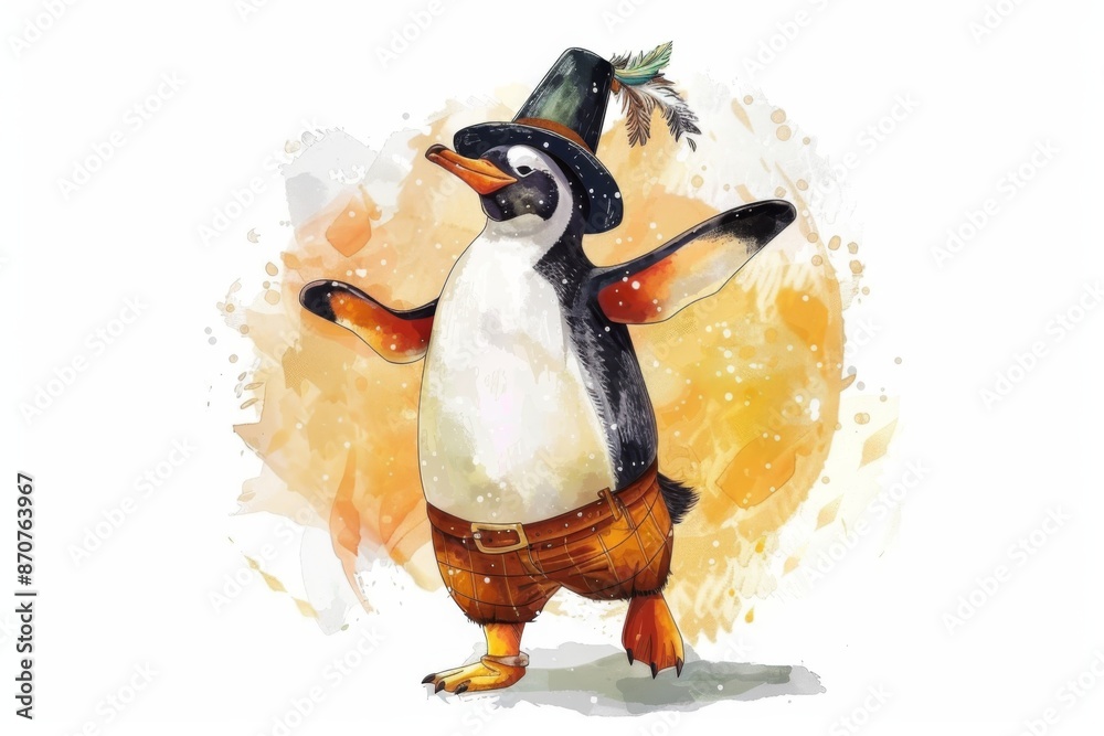 A happy penguin gets into the Oktoberfest spirit, dancing in traditional German attire on a clear white background. The illustration is full of joy and festive energy. A happy penguin gets into the Oktoberfest spirit, dancing in traditional German attire on a clear white background. The illustration is full of joy and festive energy.