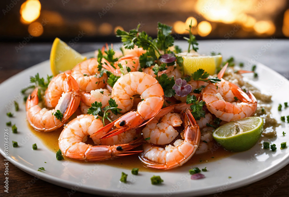 Delicious boiled shrimps with greenery and lemon slices on a platter. Cooked seafood dinner. Delicious boiled shrimps with greenery and lemon slices on a platter. Cooked seafood dinner.