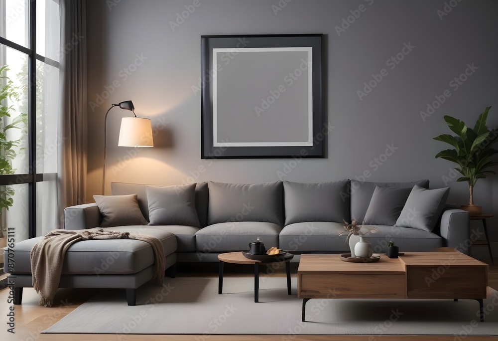 Modern living room interior with dark walls Concrete floor and poster frame mockup. Generative AI Modern living room interior with dark walls Concrete floor and poster frame mockup. Generative AI