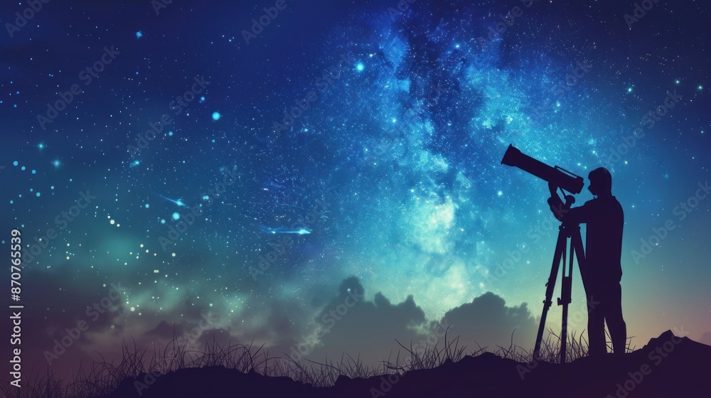 Fototapeta premium star gazing concept, silhouette of astronomer with telescope over star sky 
