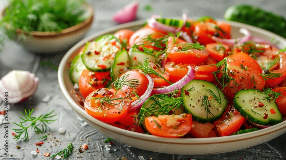 Light Crispy Cucumber and Tomato Salad with Red Onion Dill in White Bowl Light Crispy Cucumber and Tomato Salad with Red Onion Dill in White Bowl