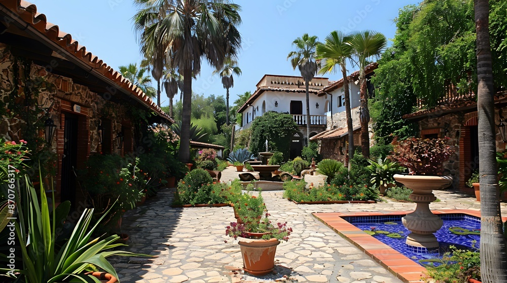 Obraz premium Beautiful courtyard garden with a fountain